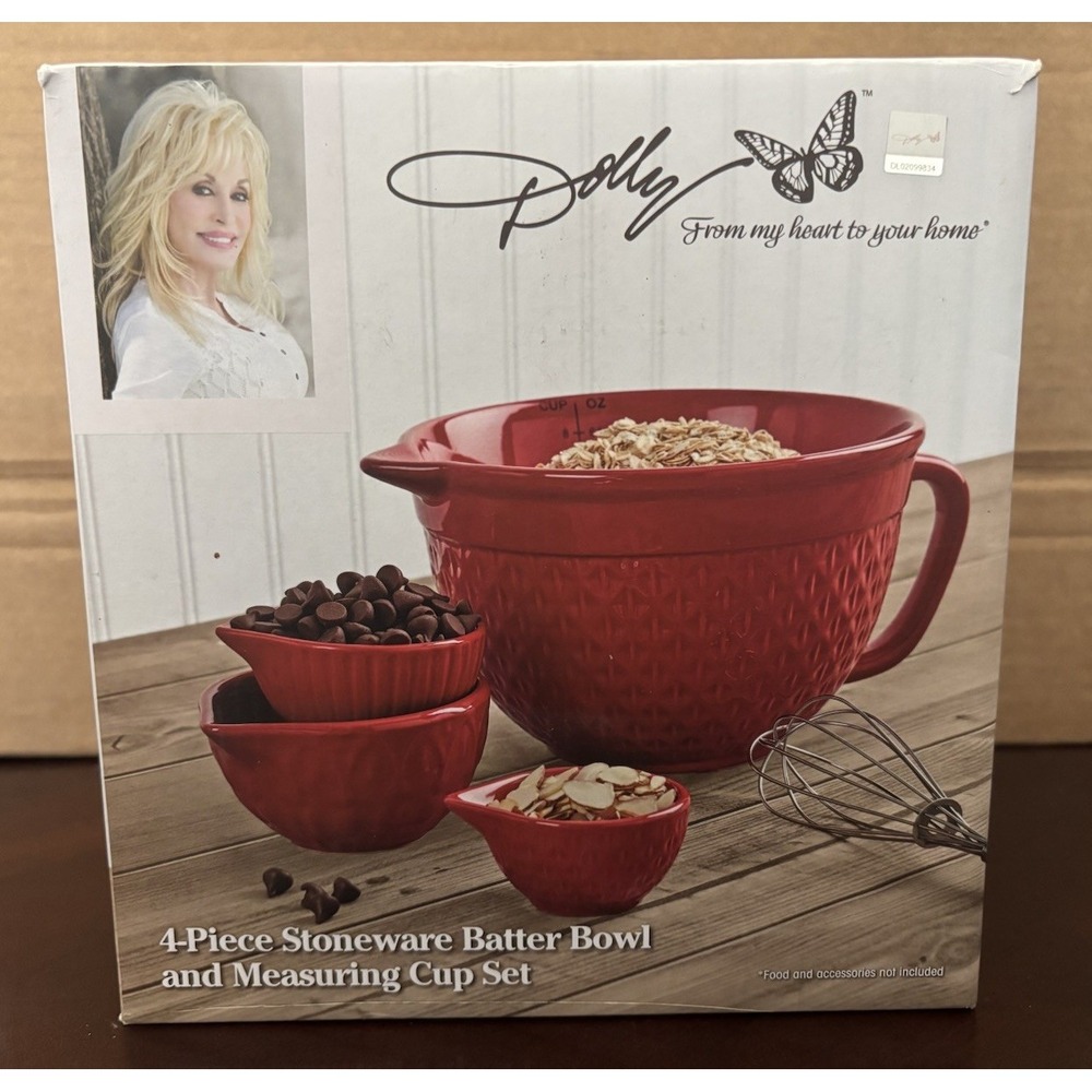 Dolly Parton 4 Pc Stoneware Batter Bowl Measuring Cup Set Red 2022 NIB Rare